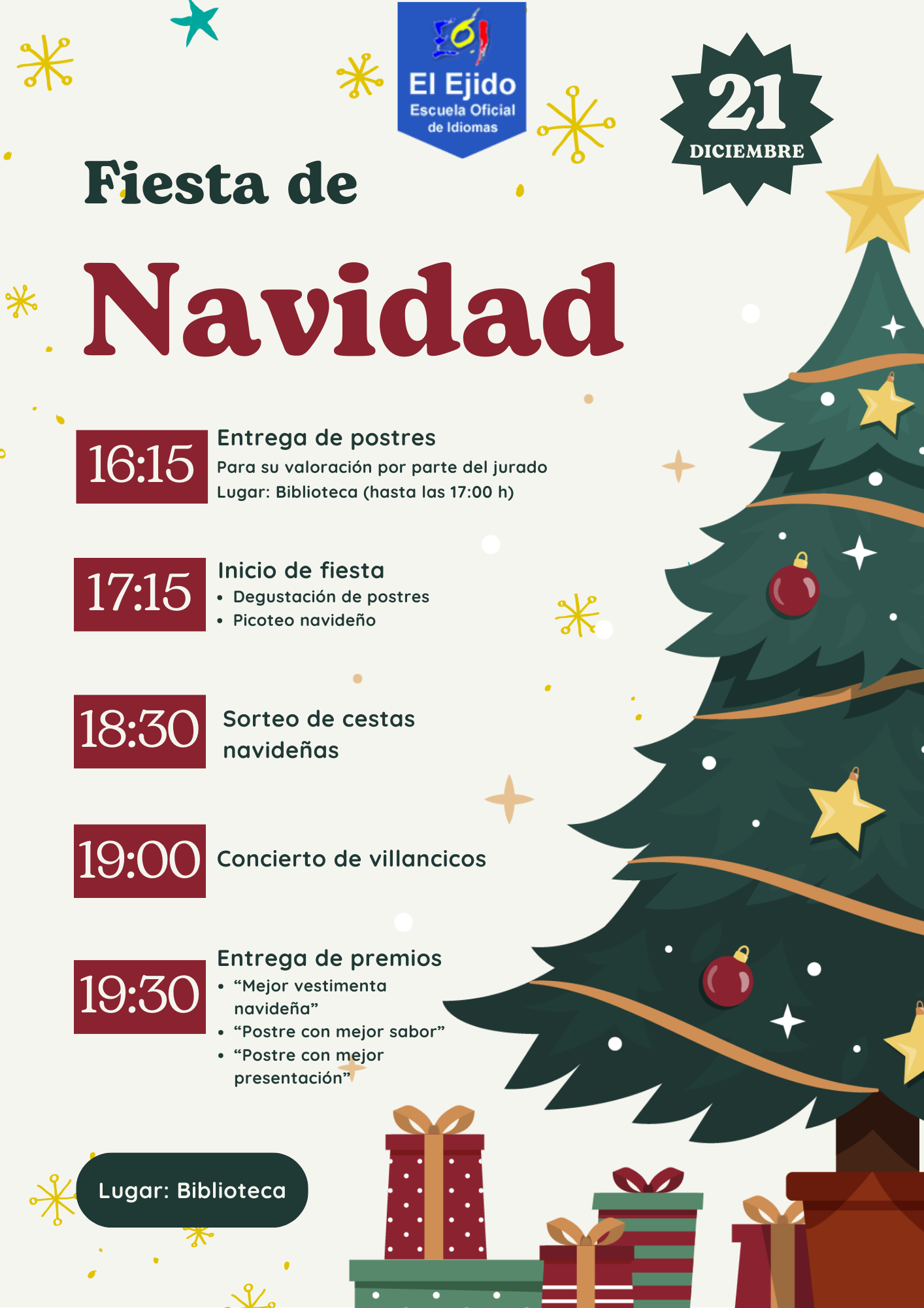 Cartel Programacion de eventos navidad ilustrativo beis y rojo