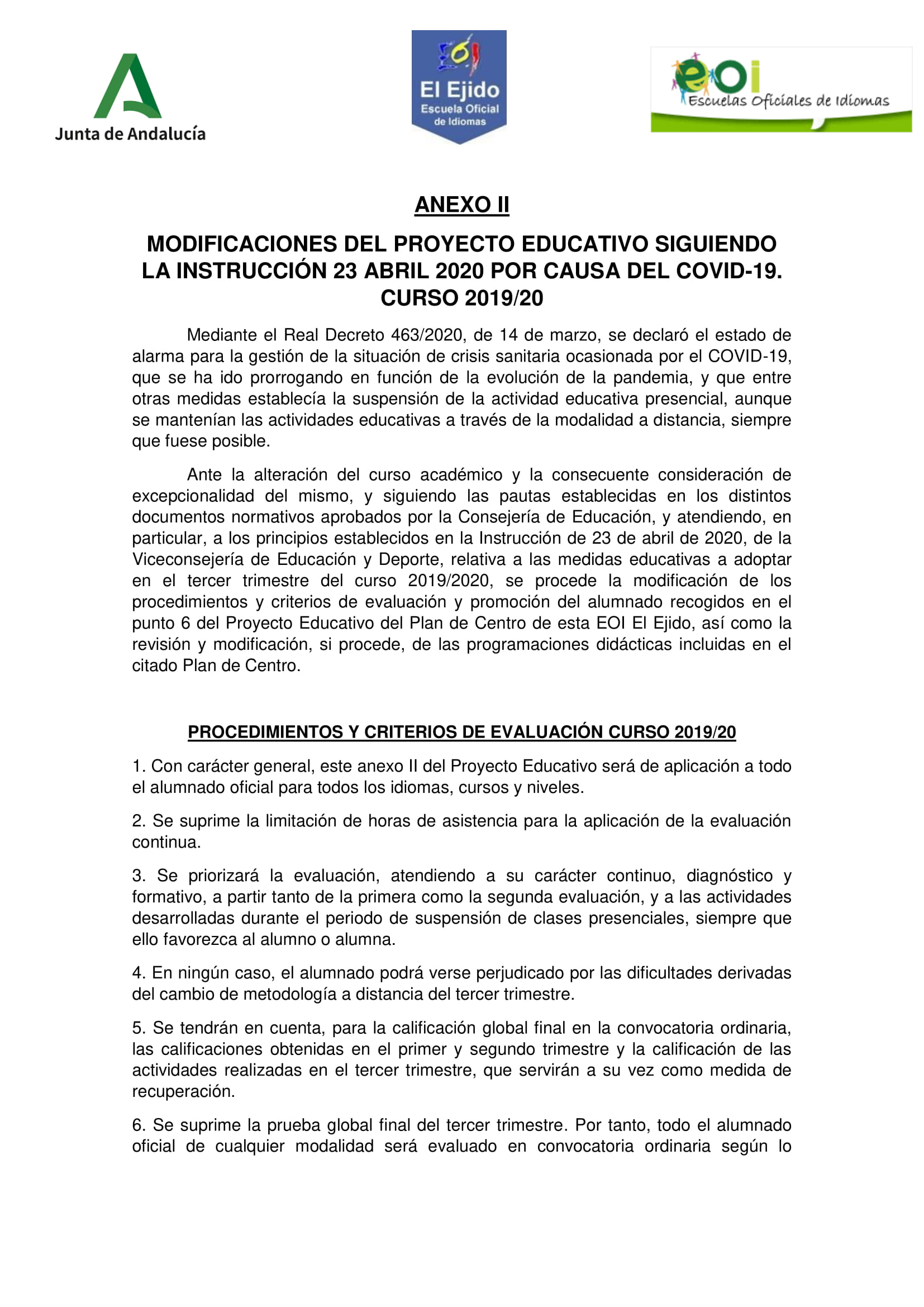 MODIFICACIONES AL PROYECTO EDUCATIVO CURSO 2019 20 1